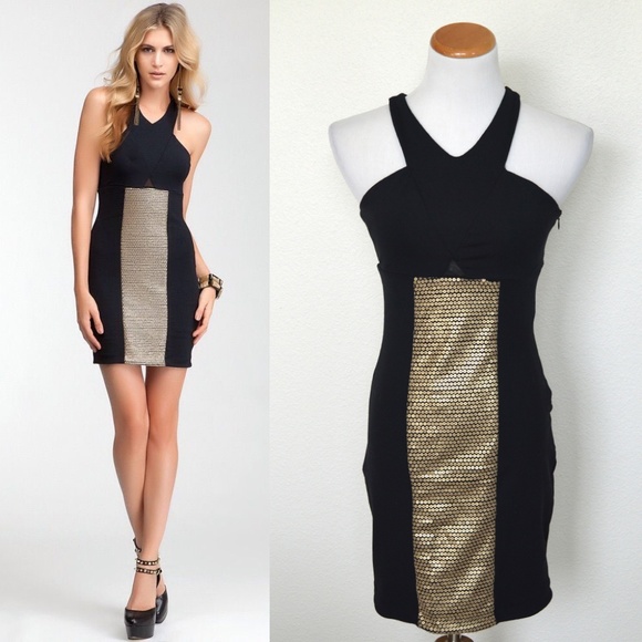 bebe Dresses & Skirts - Bebe Addiction Gold Black Sequin Color Block Dress